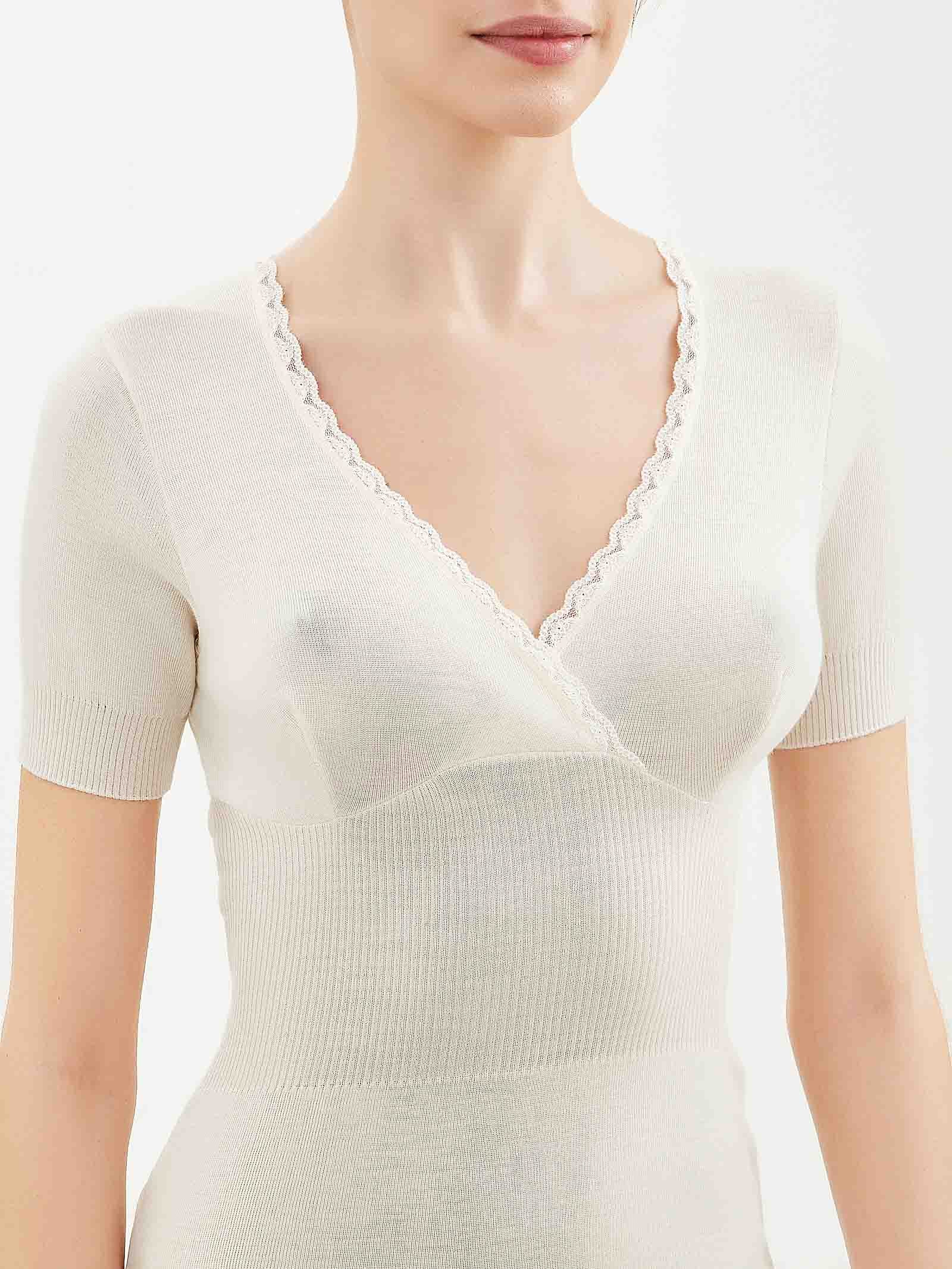 Pura Lana - Maglietta comfort a manica corta in lana di peso medio con pizzo -  - Ragno