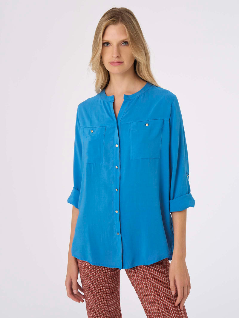 Camicia con collo alla coreana in mussola di EcoSeta - Pool Blue – Ragno